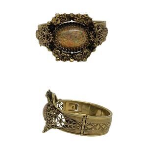 Victorian Revival Confetti Glass Clamper Bracelet, Brass Filigree